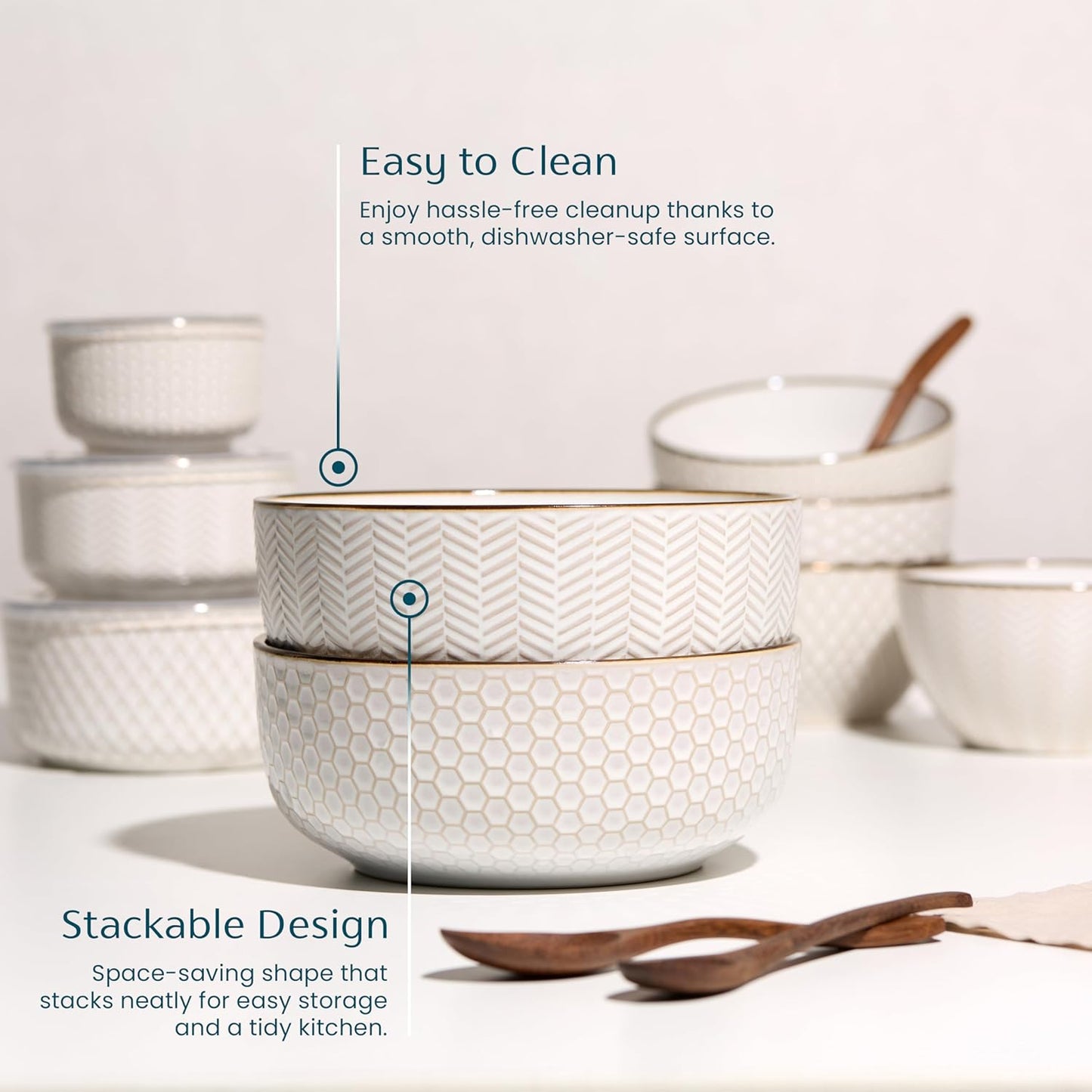 KooK Ceramic Salad Bowls - Large Embossed Kitchen Bowls, Microwave & Dishwasher Safe | Cream & Dark Copper, Set of 2, 60 oz