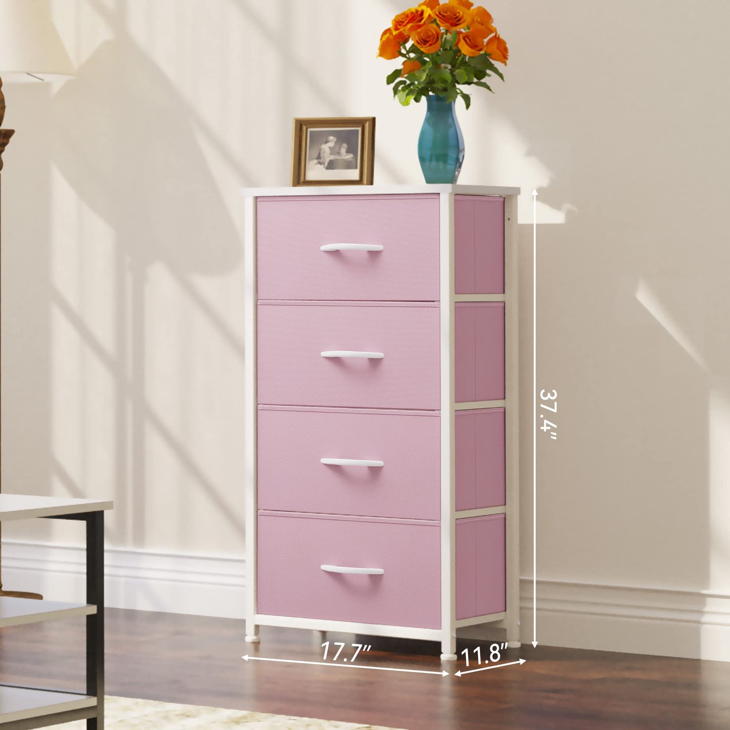 YITAHOME Dresser with 4 Drawers - Storage Tower Unit, Fabric Dresser for Living Room, Closets - Sturdy Steel Frame, Wooden Top & Easy Pull Fabric Bins, Pink