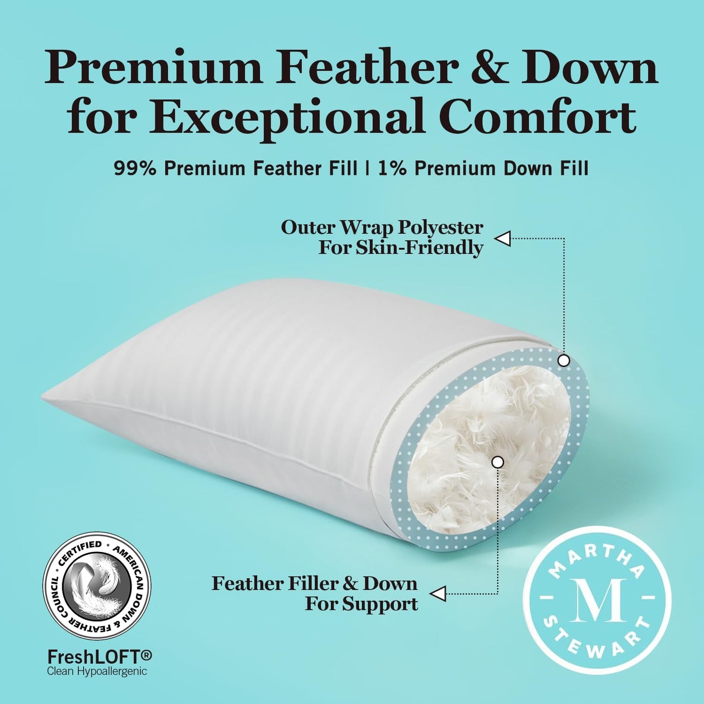 Martha Stewart Hotel Collection Pillow - 500 Thread Count Hypoallergenic Cotton | Set of 2 Queen Size