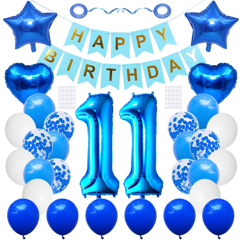 Huture 11th Birthday Party Supplies - Blue & White Foil Balloons, Happy Birthday Banner Kit, Latex Confetti, Star Balloons - Great Gift for Girls & Boys
