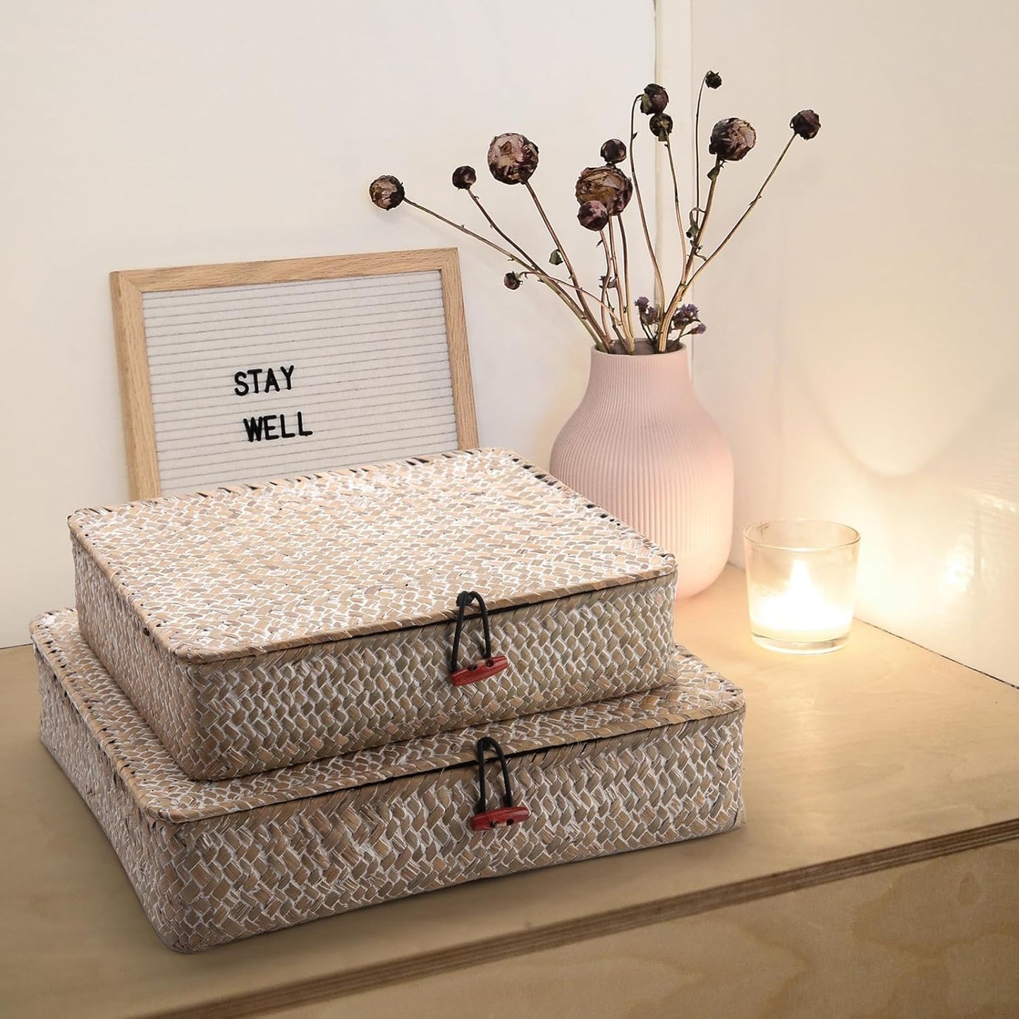 Seagrass Storage Baskets - Decorative Woven Baskets with Lid for Organizing | Whitewash Finish