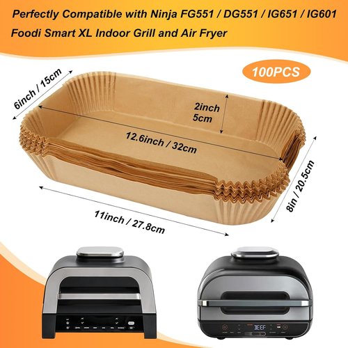 BYKITCHEN Air Fryer Liners - Rectangle Parchment Paper for Ninja Foodi XL Grill | Set of 100