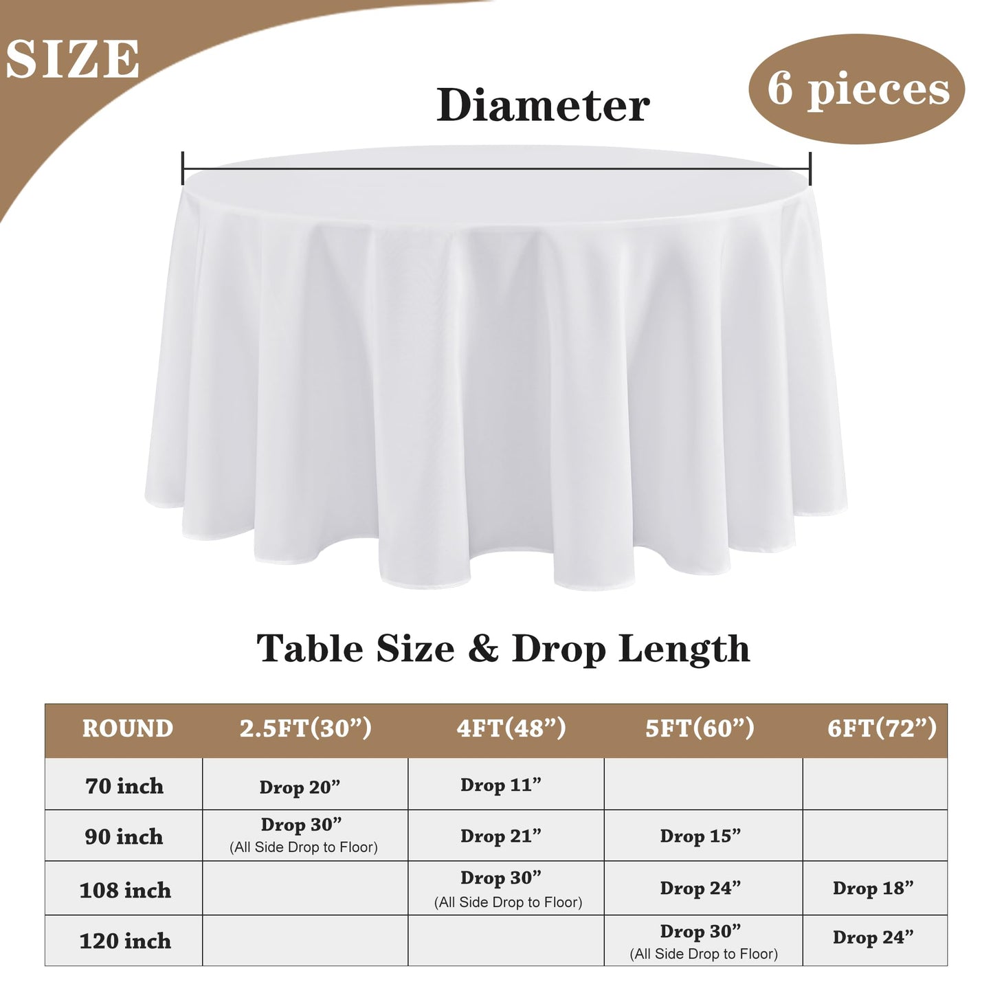 Fitable 6 Pack White Round Tablecloths - 120 Inches in Diameter - Stain Resistant and Washable Table Clothes, Polyester Fabric Table Covers for Wedding, Party, Banquet, Formal Events