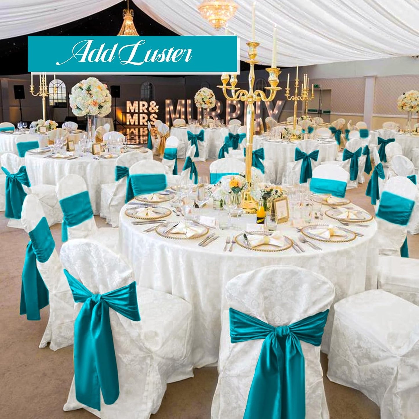 Skiennix 100 PCS Satin Chair Sashes - Turquoise Decorative Ribbon Ties for Weddings & Events | 7 x 108 Inch