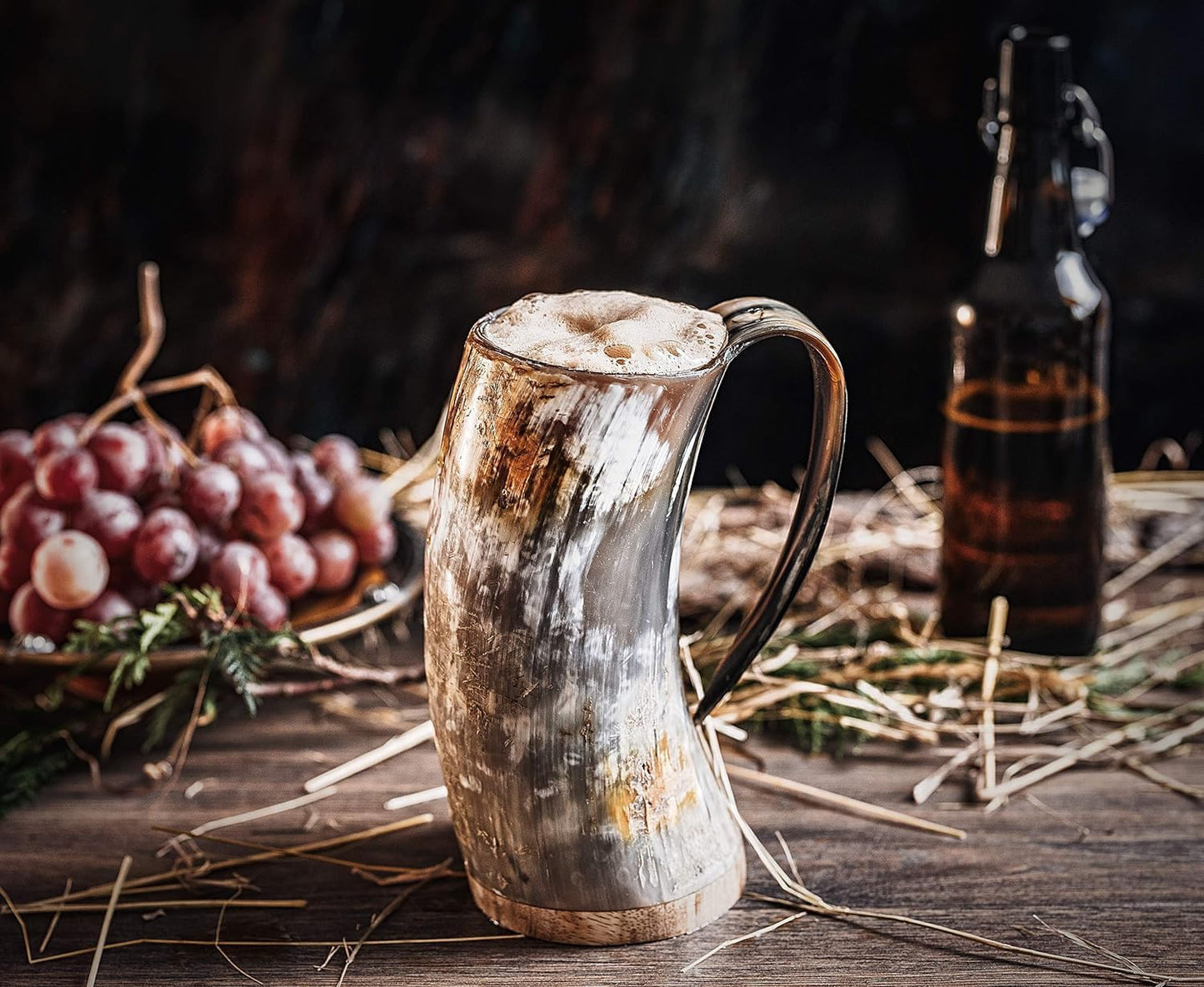 Norse Tradesman Original XL Viking Drinking Horn Mug - 100% Authentic Beer Horn Tankard With Natural Surface & Burlap Gift Sack | The Original, Low Polish, approx. 30 oz