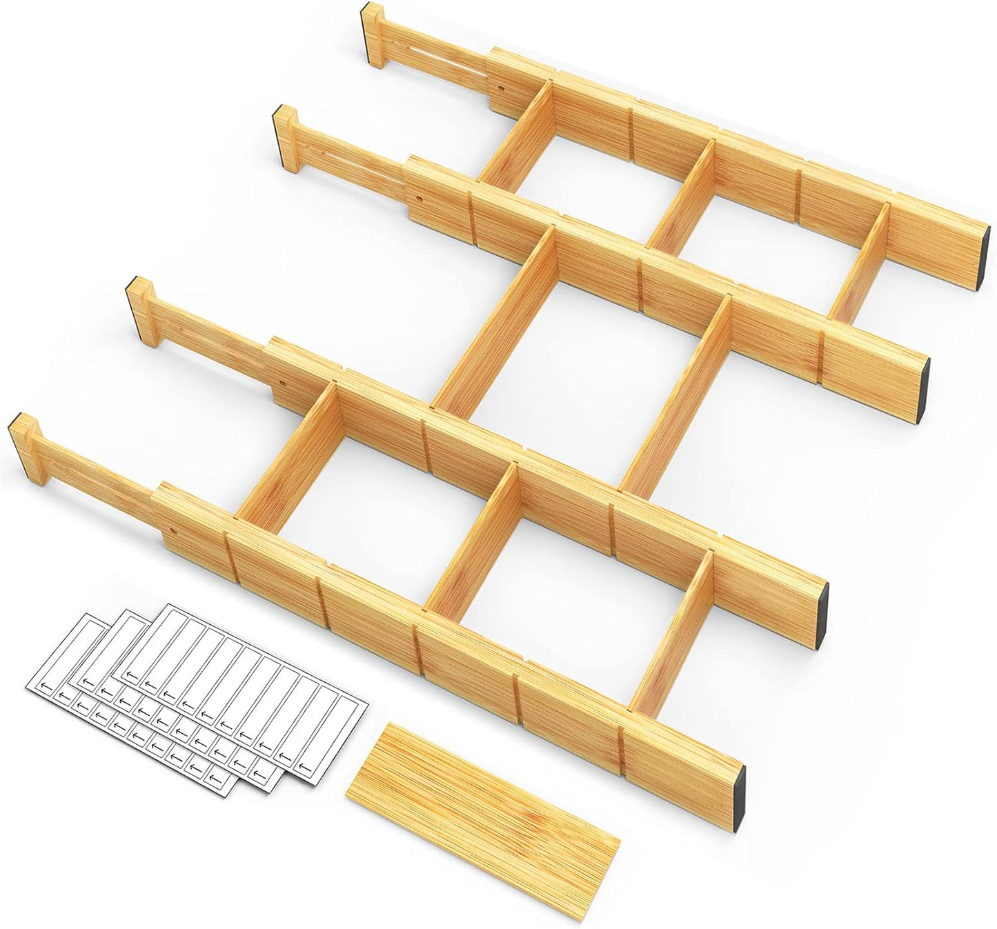 SpaceAid Bamboo Drawer Dividers - Adjustable Kitchen Organizers with Inserts & Labels | 4 Dividers (17"-22") Natural