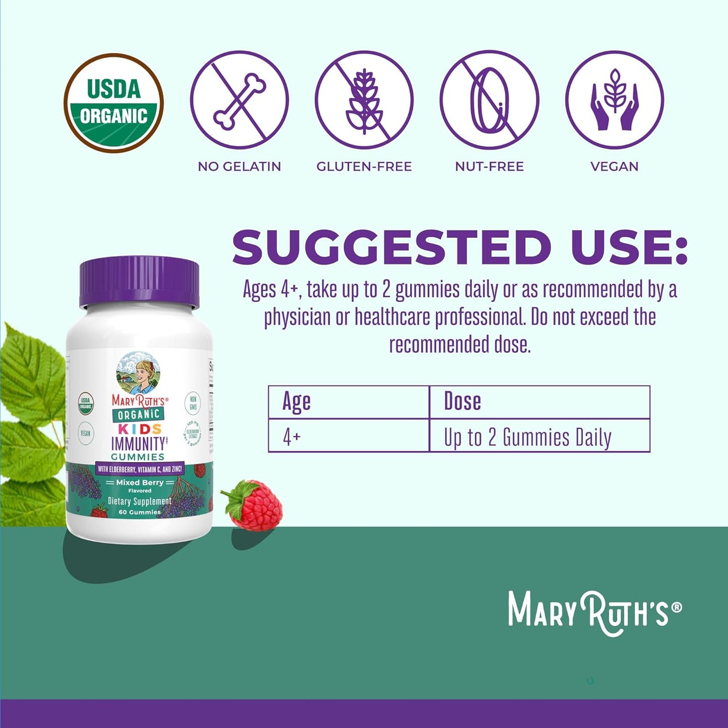 MaryRuth Organics Kids Immune Support Gummies - USDA Organic Vitamin C, Zinc & Elderberry | Vegan, Non-GMO, Gluten Free | 60 Count