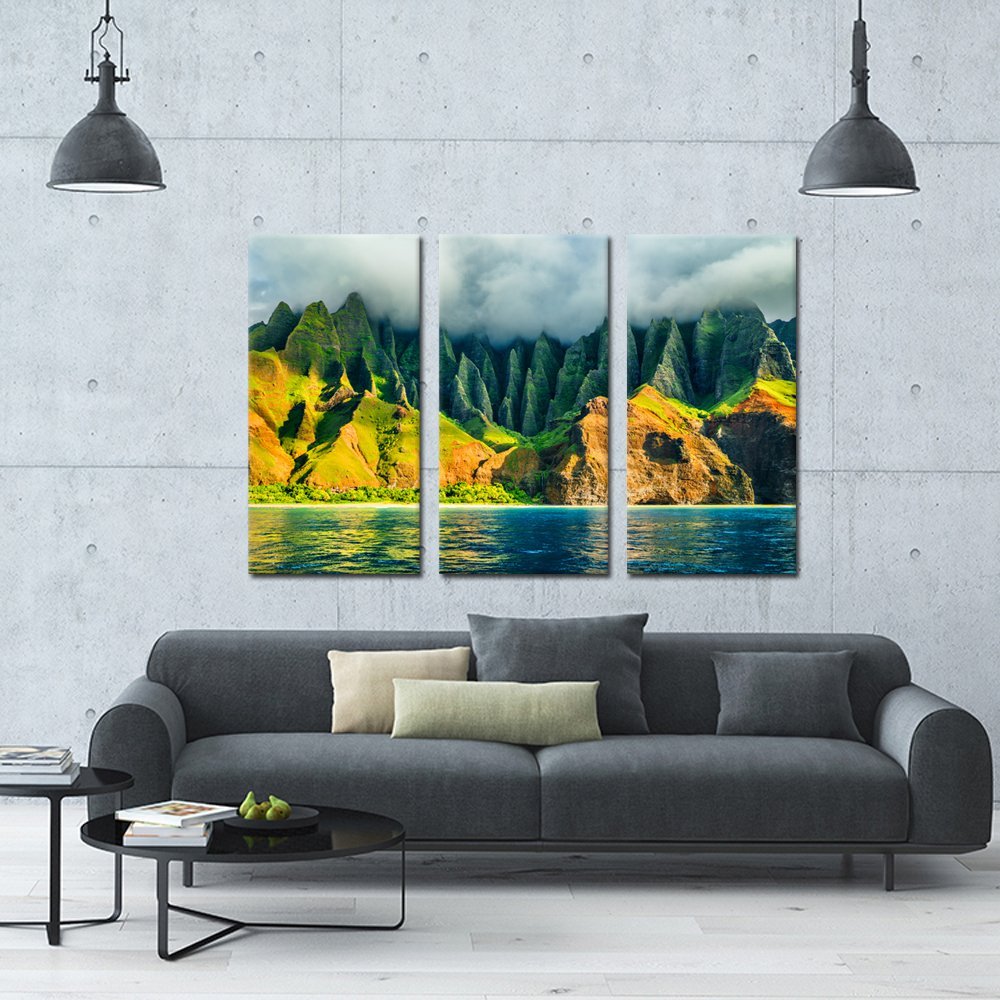 iKNOW FOTO Large 3 Panel Canvas Wall Art Na Pali coast Kauai Hawaii Sea Sunset Cruise Tour Pictures Prints Nature Coastline Landscape Travel Photography Framed Artwork for Home Decor 16x32inchx3pcs