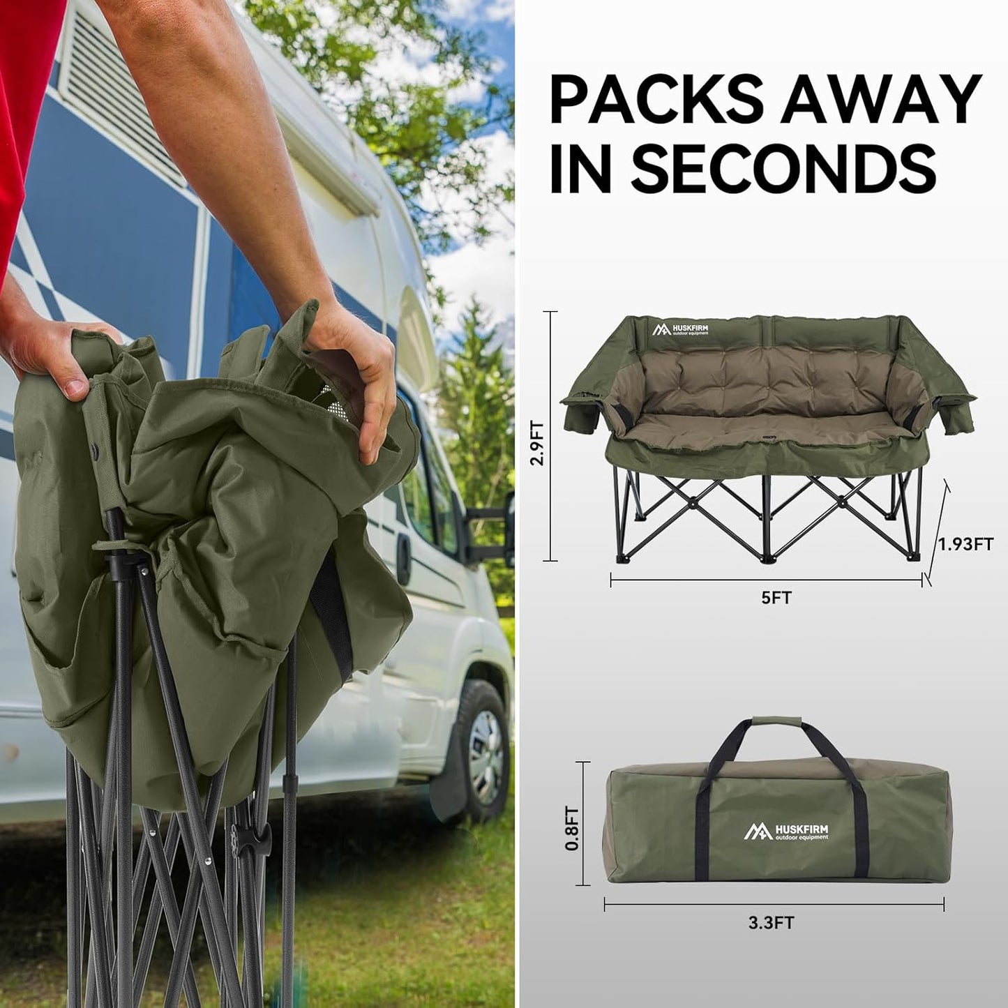 Skiennix Double Camping Chairs - Padded Loveseat for 2 Adults | Heavy-Duty Folding Couch with Cup Holders, Green