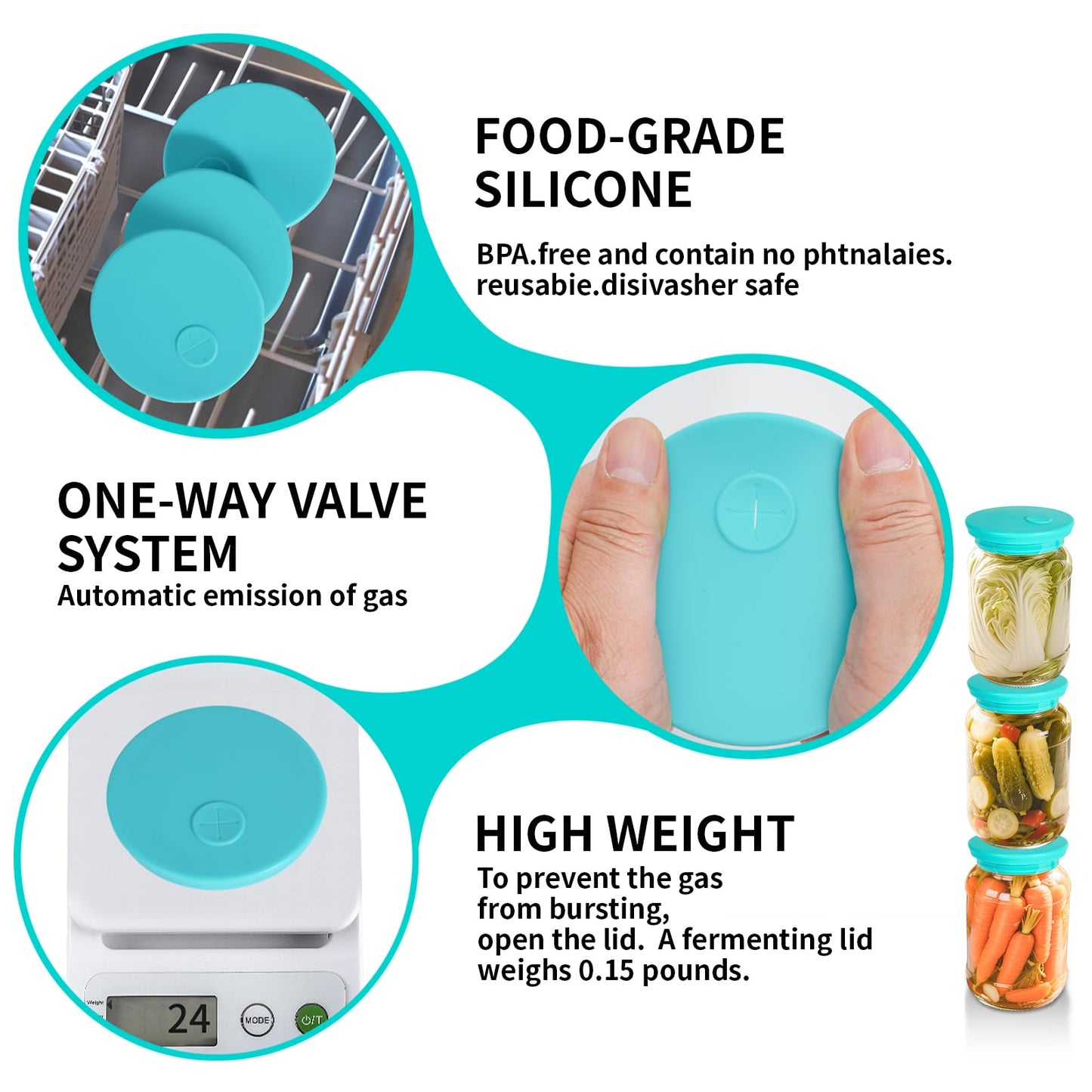 Kinggrand Kitchen Silicone Fermenting Lids Waterless Airlock Fermentation Tops Wide Mouth Mason Jar Lid Fermenter Caps for Pickles, Kimchi, and Fermented Probiotic Food 3 Pack Mint (Jars Not Included)