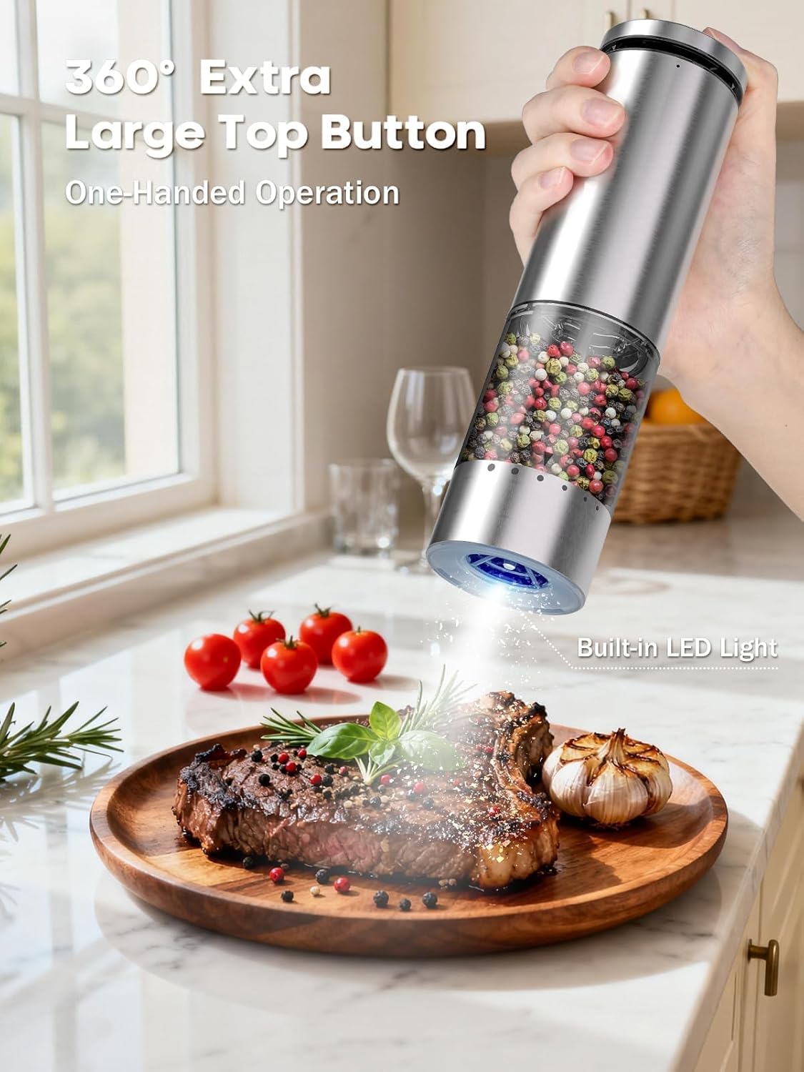 Skiennix Electric Salt and Pepper Grinder Set - Rechargeable Automatic Grinders with Adjustable Coarseness | Stainless Steel, Silver