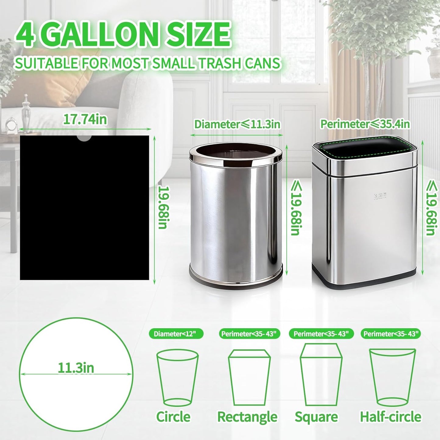 Skiennix Small Drawstring Trash Bags - 100 Count Thick 4-Gallon Liners for Bathroom & Office | Black