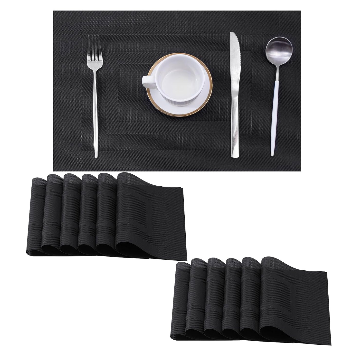 Leetaltree Black Frame Placemats Set of 12 - Heat Resistant Non-Slip Place mats for Dining Table, Washable Durable PVC Vinyl Woven Table Mats（Black Frame, 12）