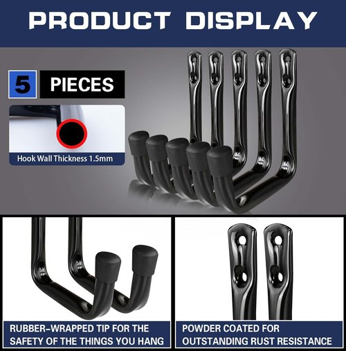 Dreecy J Heavy-Duty Utility Hooks - Perfect for Garage Storage | 5 Pack, Black Color