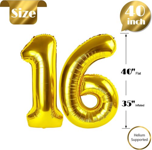 Gold Number 16 Balloon - 40 Inch Giant Foil Balloon for 16th Birthday Party Decorations