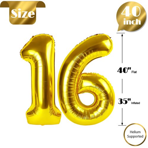 Gold Number 16 Balloon 40 Inch, 16th Birthday Party Decorations for Children, Giant 16 Foil Balloon for Party Supplies