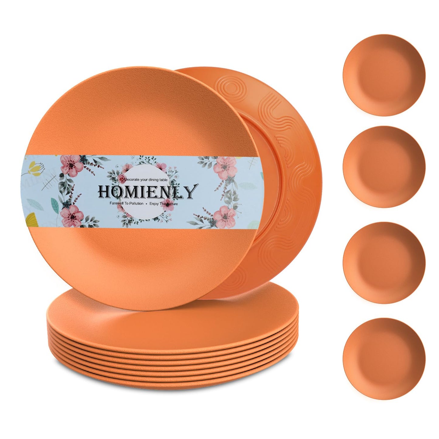 Homienly Flat Dinner Plate Set of 8 - Alternative for Plastic, Microwave and Dishwasher Safe, Wheat Straw Dinnerware for Kitchen, Unbreakable Kids (Orange, 9 Inch), MS 01