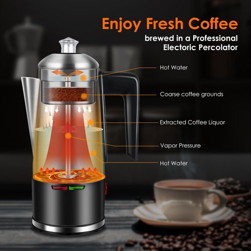 HOMOKUS Electric Coffee Percolator 12 CUPS Percolator Coffee Pot,800W Percolator Coffee Maker Stainless Steel with Clear Knob Cool-touch Handle,Coffee Pot Percolator Auto Keep Warm Function