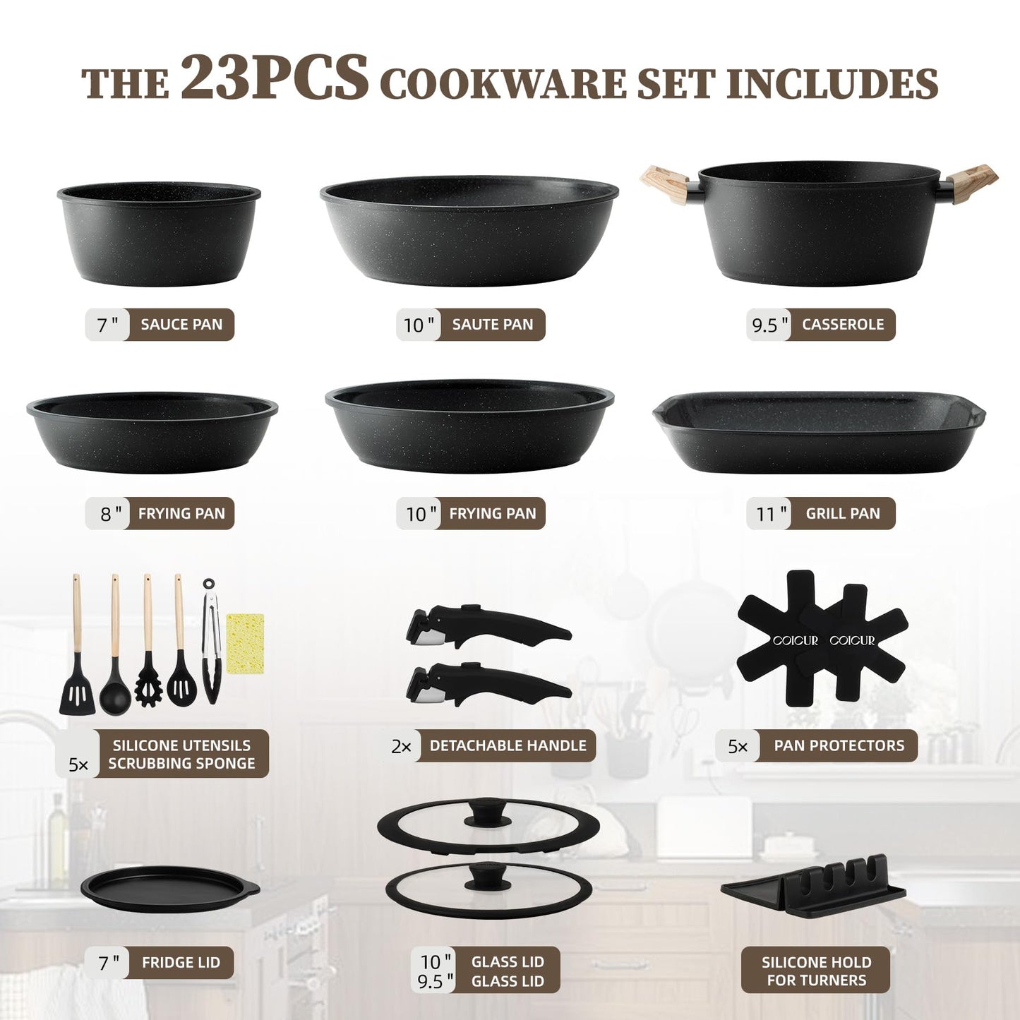 23Pcs Ceramic Cookware Set Non Stick Pots and Pans Set Non Toxic with Detachable Handle Induction Kitchen Cookware Set Space Saving, Oven & Dishwasher Safe, Black