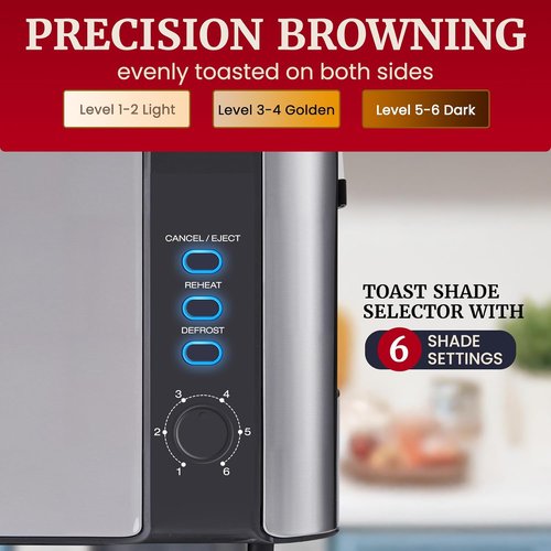 Elite Gourmet ECT3200 Slim 2-Slice Toaster - Extra Wide Slots, 6 Settings, Stainless Steel & Black
