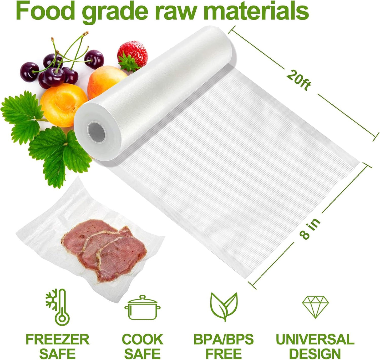 Vacuum Sealer Bags | Commercial Grade Sous Vide & Food Saver Rolls - 8" x 20' (3 Rolls), Reusable & Puncture Protected
