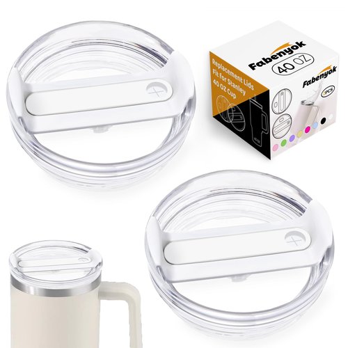 Fabenyok 40 OZ Tumbler Lid Replacement Fit for Stanley Cup, 2 Pack Clear Replacement Lids Fit for Stanley Travel Tumbler, Spill Proof Tumbler Covers for Stanley Cup Accessories (Clear - White)