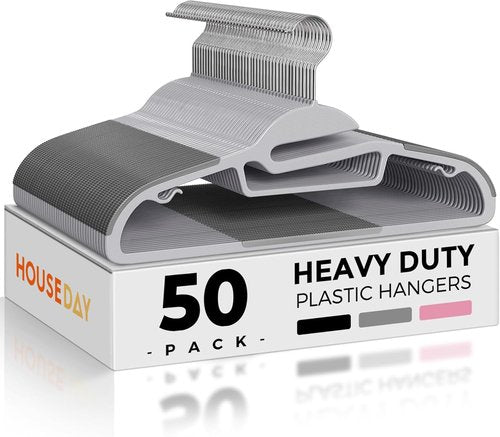 HOUSE DAY Grey Plastic Hangers - 50 Pack Slim Space-Saving Non-Slip Heavy-Duty Coat Hangers for Closet