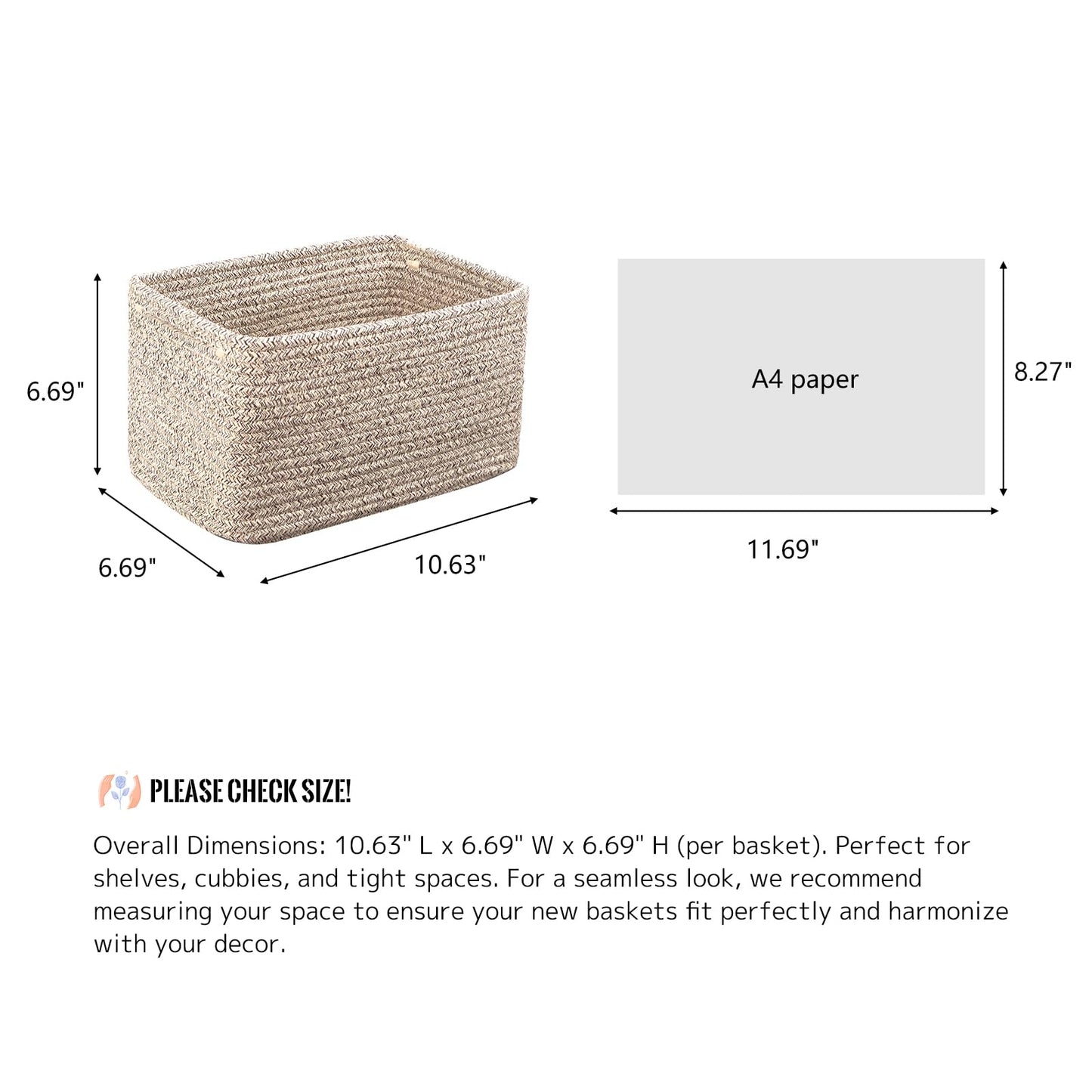 R RUNKA Small Cotton Rope Basket – Storage Bin for Organizing (10.6" x 6.7" x 6.7"), Bathroom Storage Basket for Shelf, Counter & Closet（Beige）