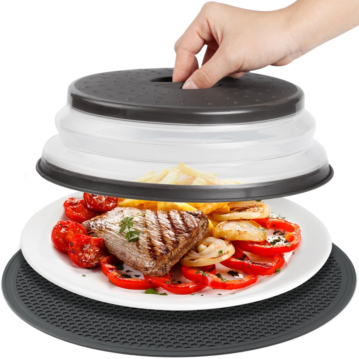 MAGJIUKE Microwave Splatter Cover & Silicone Mat – Collapsible, Vented, Reusable Food Guard and Plate Cover with Heat-Resistant Trivet for Pots, Pans, and Kitchen Counter, Black