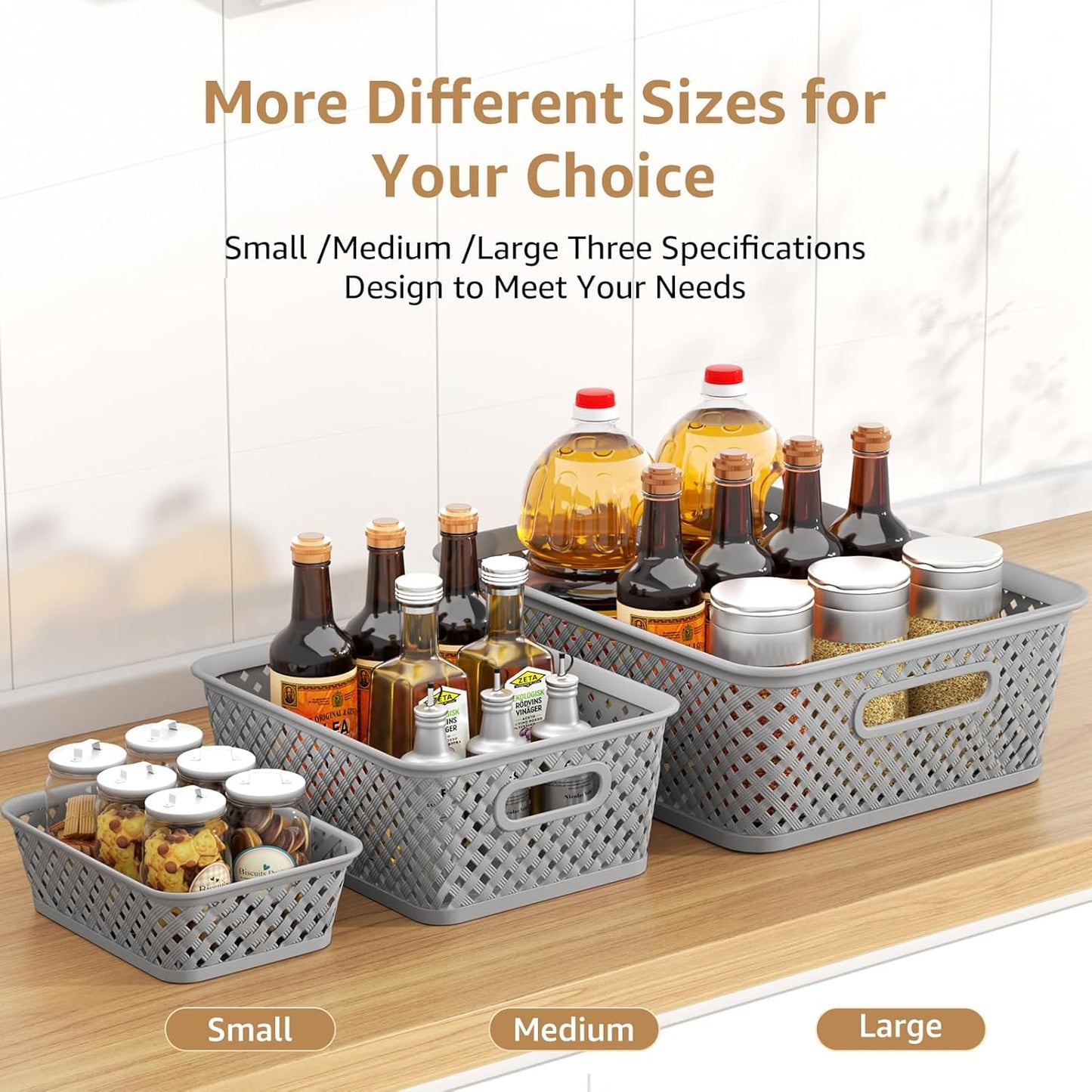 MaxGear Plastic Bins Organizer - 3 Pack Woven Storage Baskets with Handles | Large Grey Bins for Home & Office