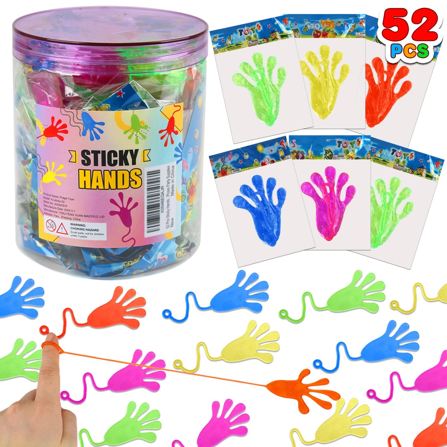 Siwarm Easter Egg Fillers- 52 pcs Sticky Hands, Party Favors for Kids 4-8 8-12 Goodie Bag Stuffers Treasure Box Prizes Mini Stretchy Hands Fidget Toys Birthday Gifts for Boys Girls Teens