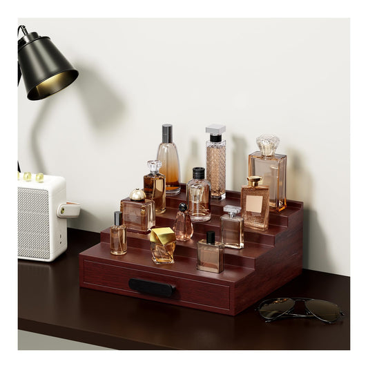 ProCase 4 Tiers Wooden Cologne Organizer for Men, Perfume Display Stand Shelf with Drawer, Men's Cologne Storage Rack, A Perfect Cologne Holder Gift for Men -Espresso