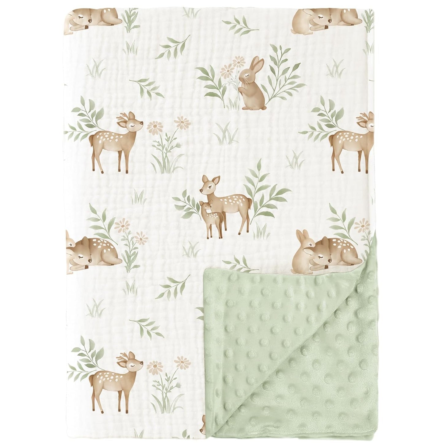 Konssy Baby Blanket - Super Soft Minky with Muslin Cotton Front & Dotted Fleece Back | Unisex Newborn Throw