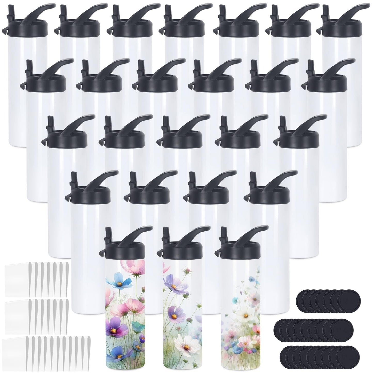 oaptuza 20 Oz Sublimation Tumbler Bulk Skinny Straight, 25 Pack Sublimation Water Bottles Blanks with Handle Straw Lid, Insulated Stainless Steel Tumbler Cup for Heat Transfer