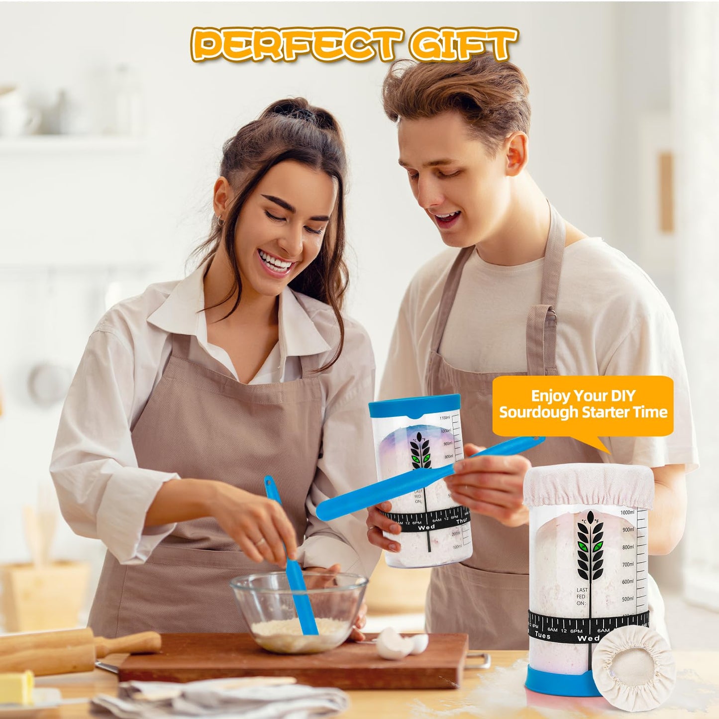 Sourdough Starter Jar Kit 2Pack, 40OZ Large Sourdough Starter Kit With Thermometer Strips & Scraper, Sourdough Bread Baking Supplies–A Perfect Sourdough Bread Starter Kit for Beginners to Expert(Blue)