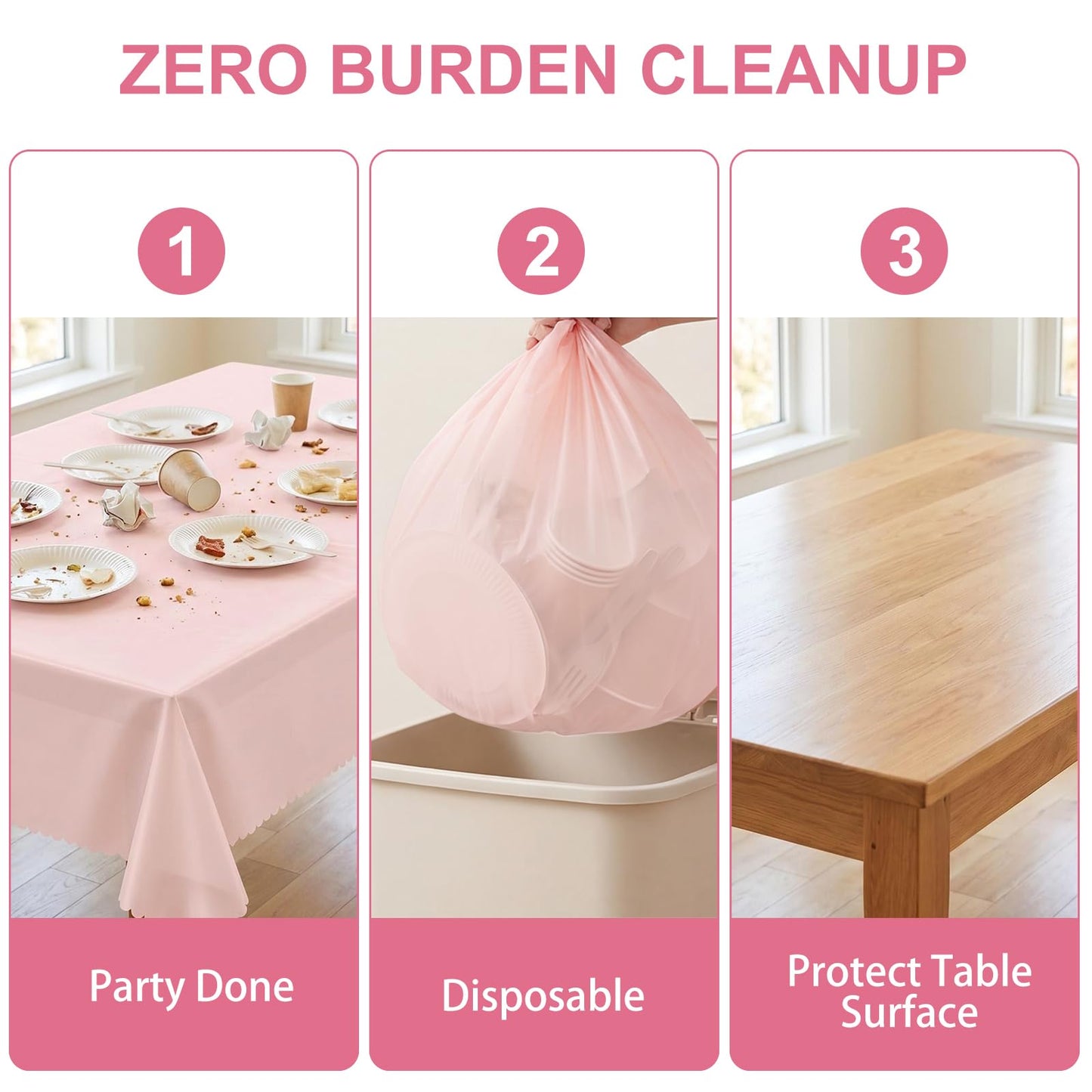 3 Pack Plastic Light Pink Tablecloths, 54 X 108Inch Disposable Spring Tablecloth Scalloped Mother's Day Table Cloth for Rectangle Tables Table Cover for Easter Baby Shower Bridal Tea Party Wedding