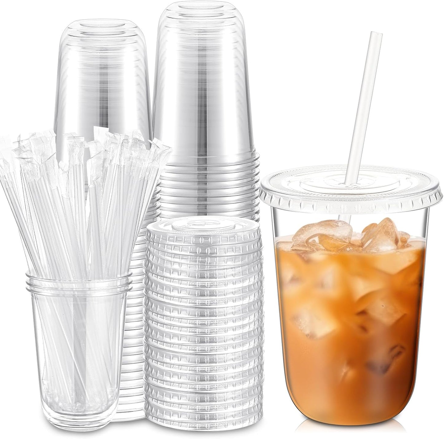 Ziliny 50 Sets Clear Plastic Cups - Disposable Iced Coffee Cups with Lids & Straws | 16 oz, Clear