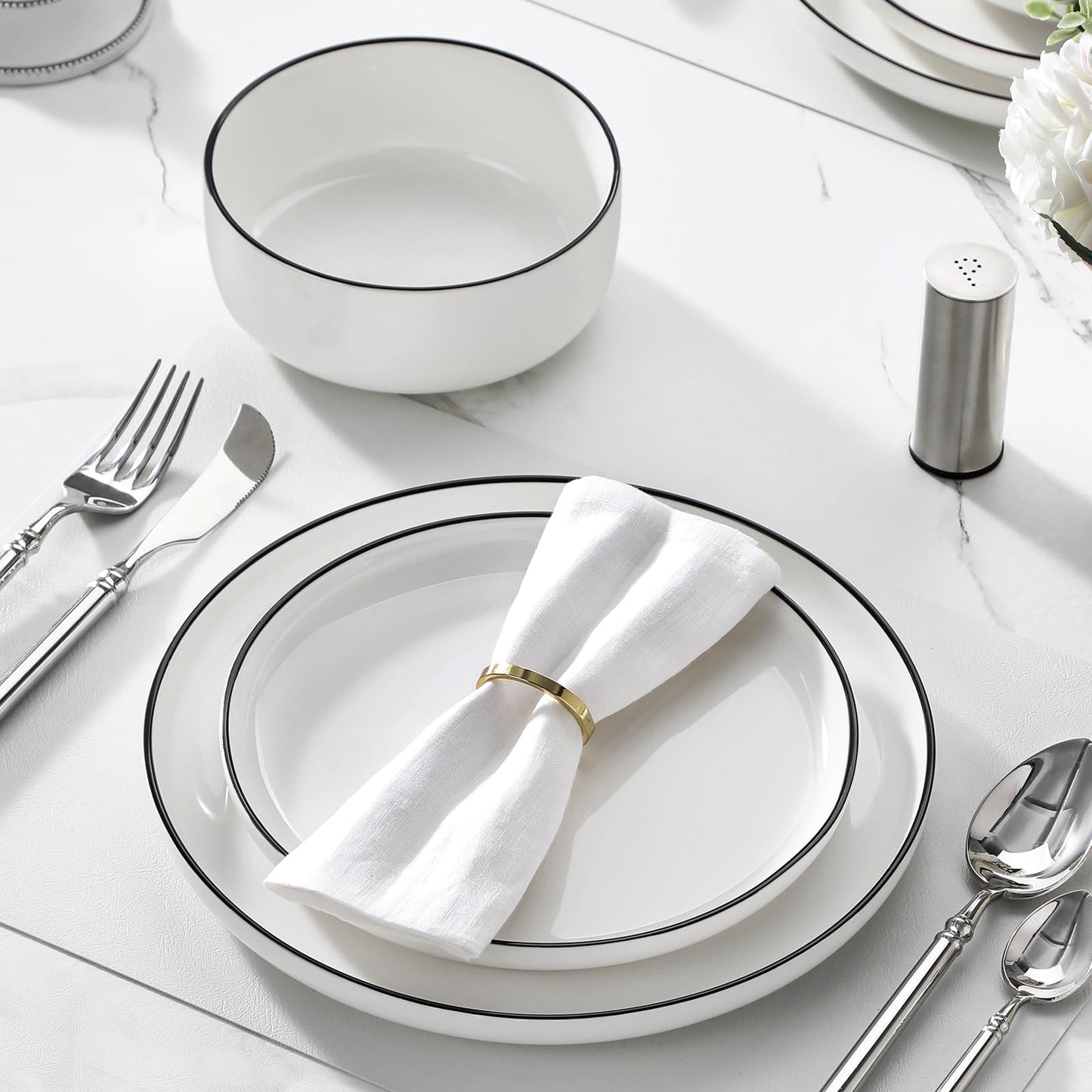 MALACASA Plates and Bowls Sets, 12 Pieces Modern Porcelain Dinnerware Set for 4 White Kitchen Dinner Dining Ware Set wtih Black Rim Ceramic Dishware Dishes Microwave and Dishwasher Safe, Series LUNA