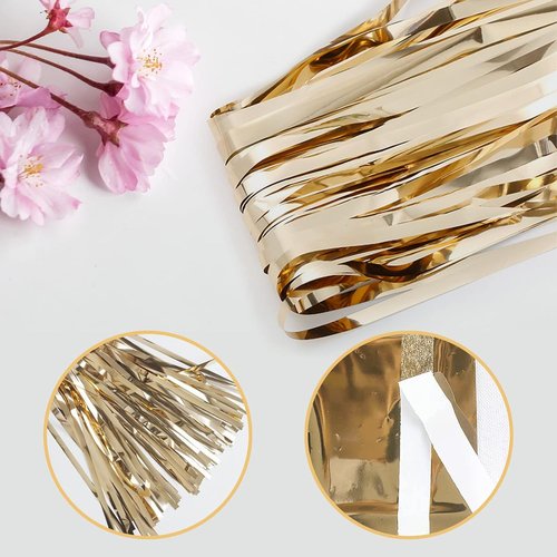 Champagne Gold Foil Curtain Backdrop - 20 Pack | 3.2ft x 8.2ft Metallic Tinsel Streamers for Parties