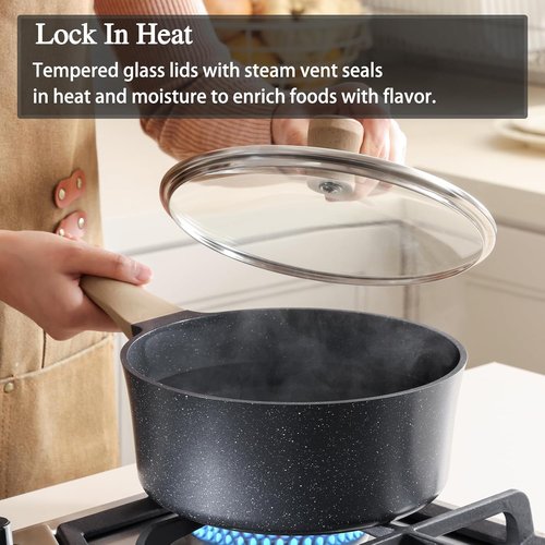Greblon Nonstick Saucepan - 2 Quart Ceramic Cooking Pot with Lid | Non-Toxic, Induction Compatible