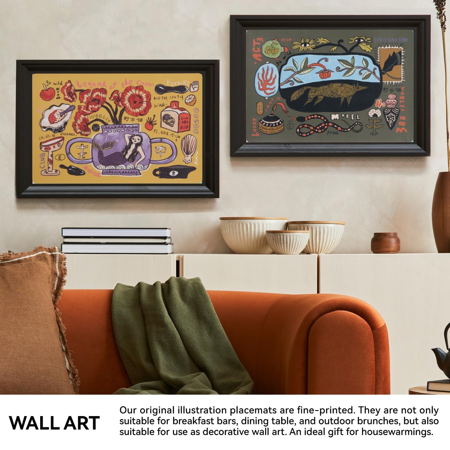 SAMCAM Placemats Set of 4 with Hand-Drawn Illustrations, 17.7" x 11.8", Faux Leather Place Mats, Waterproof, Heat Resistant, Anti-Slip, Easy to Clean, Table Mats for Dining, Kitchen, Coffee Table