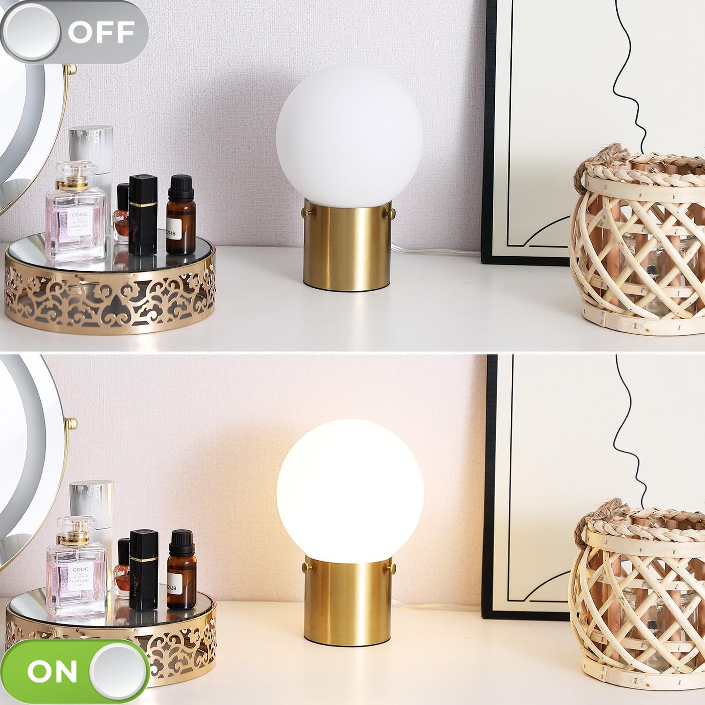 Somniferous Gold Table Lamps Set of 2, Small Bedside Lamps with Frosted Glass Globe Shade, Mid Century Modern Lamp, Nightstand Lamps for Bedroom Living Room Dorm, E26 Bulb (Not Included)
