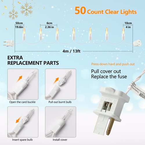 Christmas Lights Clear White 50 Count, 13ft Incandescent Mini Lights String Plug in Warm White with White Wire for Mantle Christmas Tree Indoor Outdoor Xmas Wedding Party Decorations
