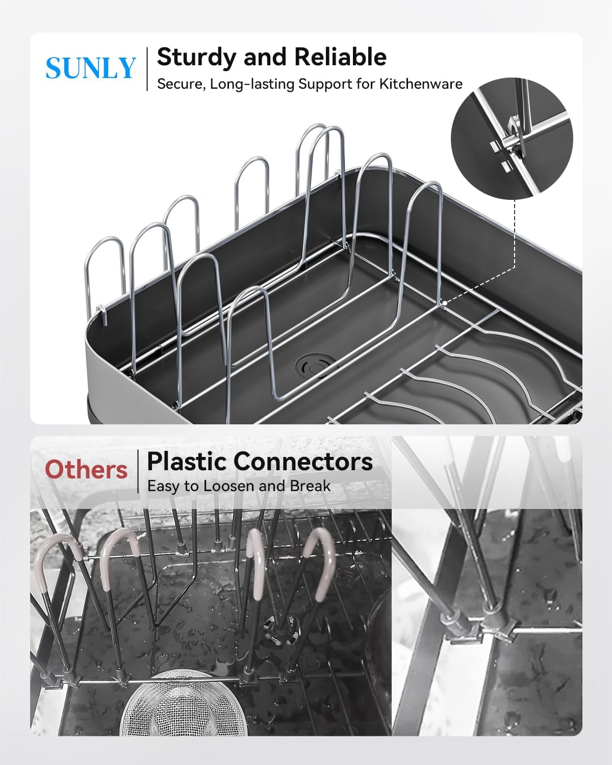 SUNLY Expandable Dish Drying Rack - Space-Saving Kitchen Organizer with Versatile Brackets - Black