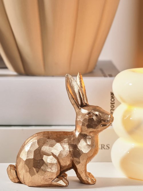 DN DECONATION Golden Polyresin Bunny Decor Rabbit Figurines, Easter Bunny Statue Set of 3 for Spring Tabletop Decor