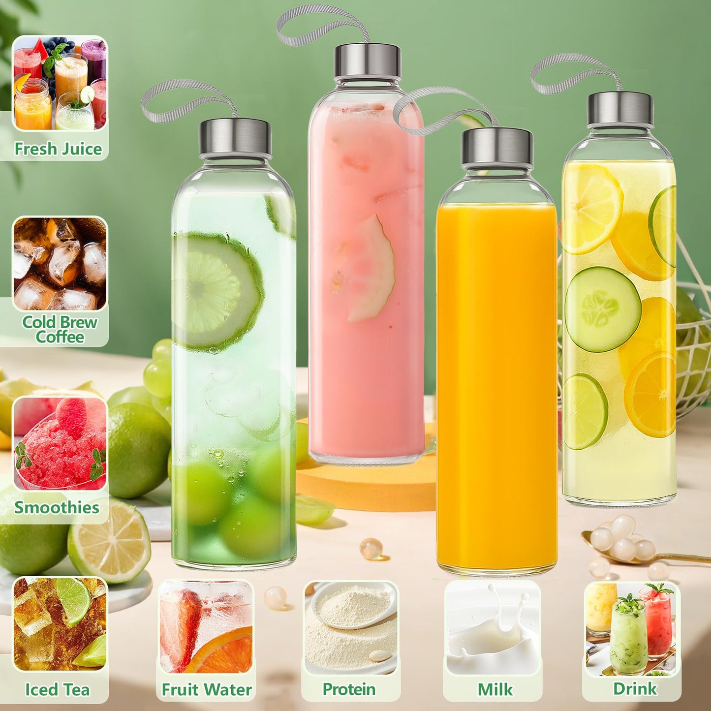 UPBUD 12 Pack 18oz Glass Bottles with Lids Carry Strap for Juicing, Reusable Clear Glass Water Bottle with Stainless Steel Airtight Cap for Refrigerator, 100% Leak Proof, BPA Free Drinking Jar