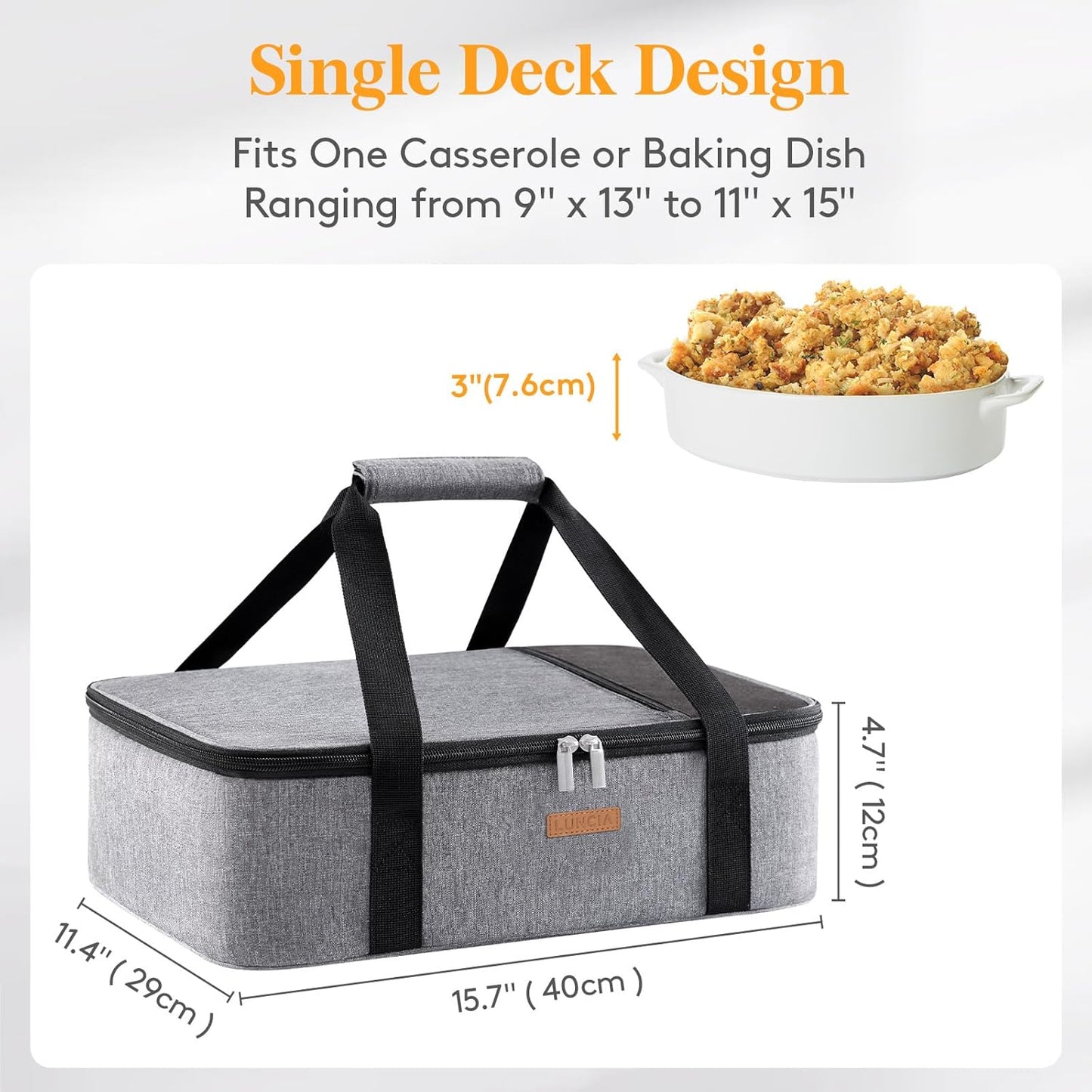 LUNCIA Insulated Casserole Carrier - Keeps Food Hot or Cold | Thermal Lunch Bag for Potlucks, Fits 9" x 13" Dish, Grey