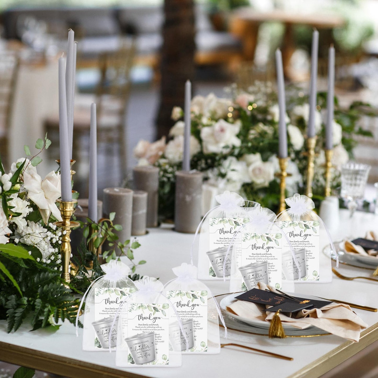 Uiifan Wedding Favors for Guests 1.5 oz Shot Glasses Thank You Cards with Gift Bags for Engagement Bridal Shower Wedding Souvenirs, Cheers to Love Laughter and Happily Ever After(100 Set)