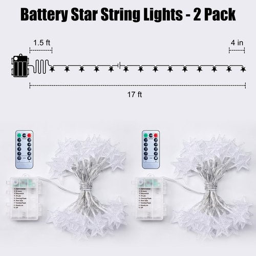 Brightown Star String Lights - 2 Pack Total 33ft 100 LED Star Fairy Lights Battery Operated with Remote for Indoor Outdoor, Twinkle Fairy Christmas Light for Bedroom Wedding Party Decor, Warm White
