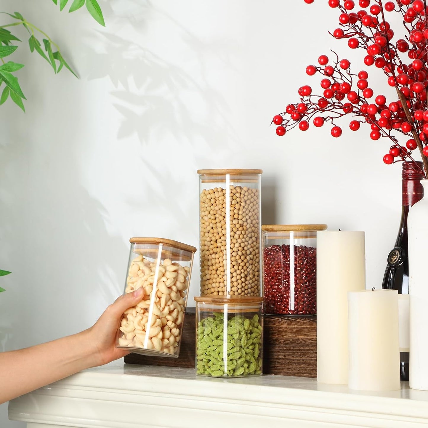 Qinyoung Glass Storage Jars - 24 Pcs Airtight Containers with Bamboo Lids | Clear Square, 4 Sizes (0.5-1 Qt) for Kitchen Organization